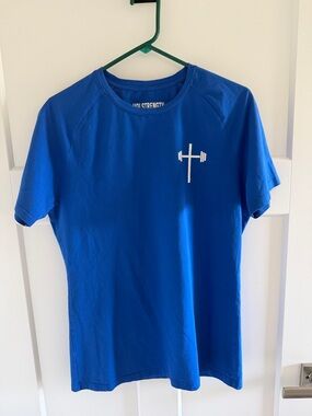 Men's Blue Crew Neck Performance Tee with Barbell Logo